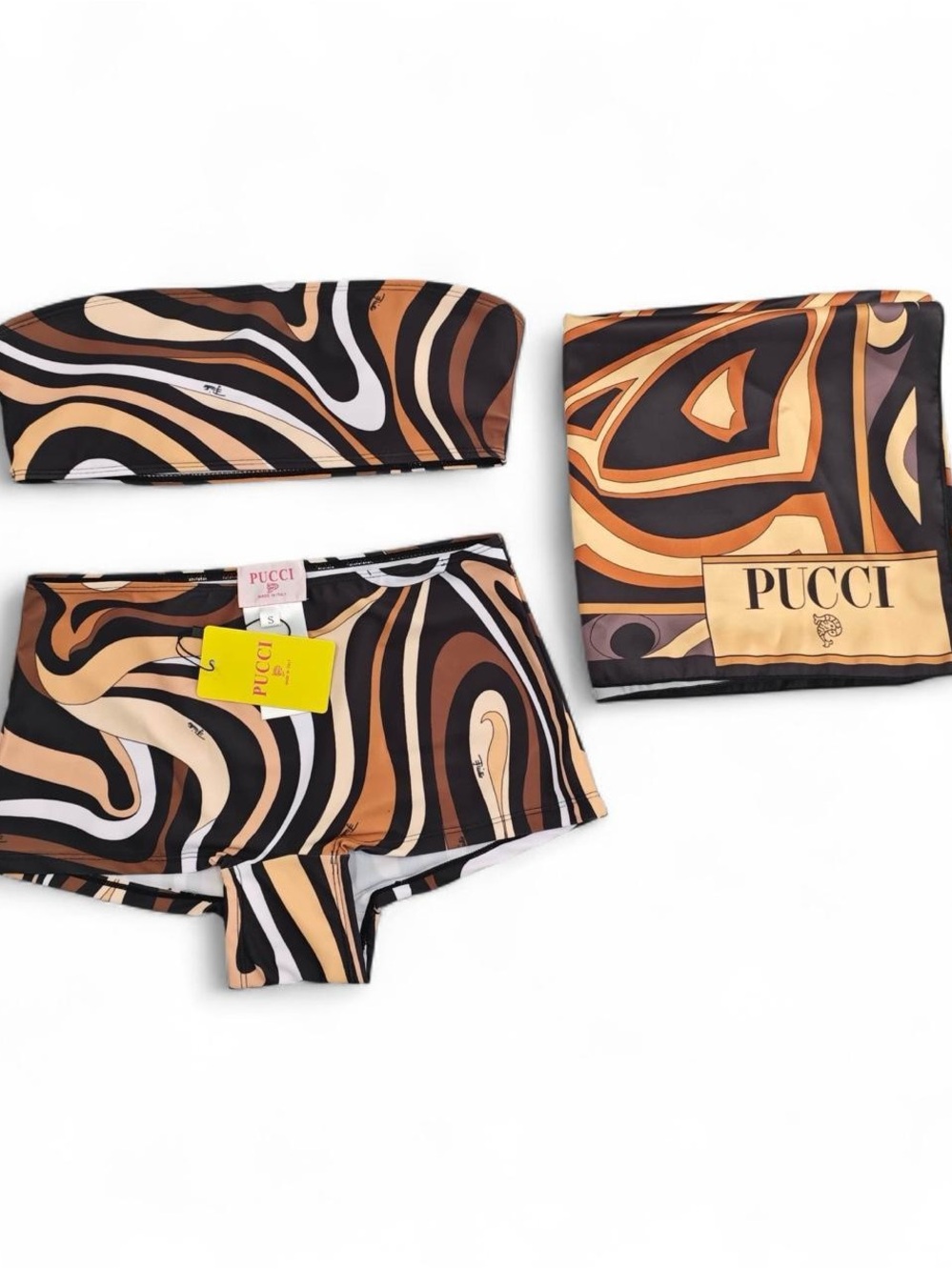 Pucci Inspired Brown & Gold Swirl Swimsuit Set with Matching Scarf